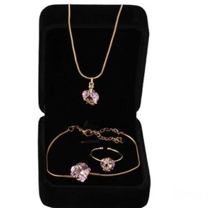 Women Gold Plated Pink Stone Heart Necklace Bracelet Ring Set Jewelry.